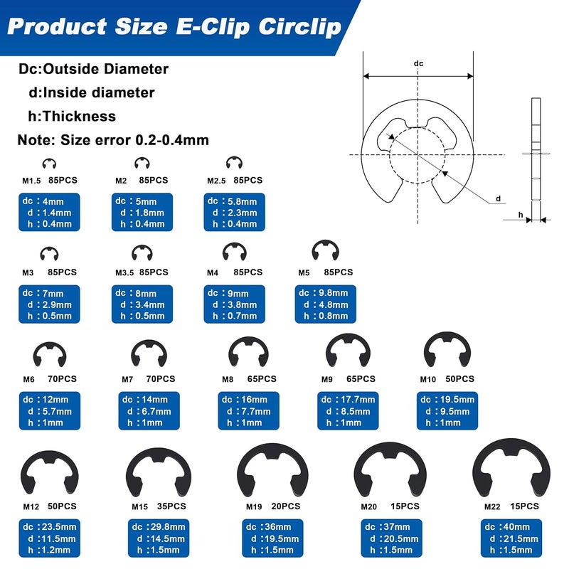 Daptemn E Clip Circlip External Retaining Rings Assortment Kit, 1050PCS E Clips External Carbon Steel Rings and 1 PC Tweezers, Includes Sizes of M1.5-M22 - Image 2
